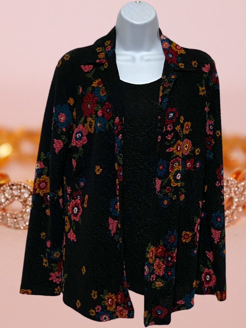 French Laundry-Women's Small Open Cardigan Collared Pullover Long Sleeve Floral